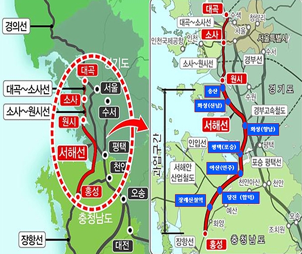 정부는 사전타당성 조사 용역이 완료되지 않았다는 이유로 10억 원을 반영시키지 않은 것으로 전해지고 있다. (충남도 제공: 서해선 복선전철 노선)