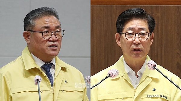 충남도의회 김명선 의장(민주, 당진2)이 행정사무감사 도중 발생한 일부 의원의 막말 파문에 대해 유감을 표명했다. (자료사진 합성: 김명선 의장과 양승조 지사/ 굿모닝충청=김갑수 기자)