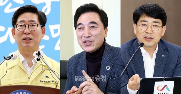 가덕도신공항 특별법 통과와 맞물려 충청권 민심이 심상치 않은 가운데, 양승조 충남지사와 박수현 전 청와대 대변인이 맹정호 서산시장에게 전화를 걸어 서산민항 추진에 대한 공감대를 확인한 것으로 전해졌다. (자료사진 합성: 왼쪽부터 양승조 충남지사, 박수현 전 청와대 대변인, 맹정호 서산시장/ 굿모닝충청=김갑수 기자)