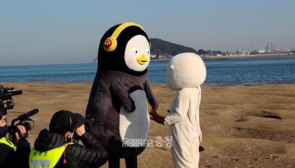 독특하고 다재다능한 캐릭터로 전 국민의 사랑을 받고 있는 ‘펭수’가 국가해양정원으로 조성 중인 가로림만(충남 서산·태안)을 찾았다. (충남도 조원갑 해양수산국장 제공/ 굿모닝충청=김갑수 기자)
