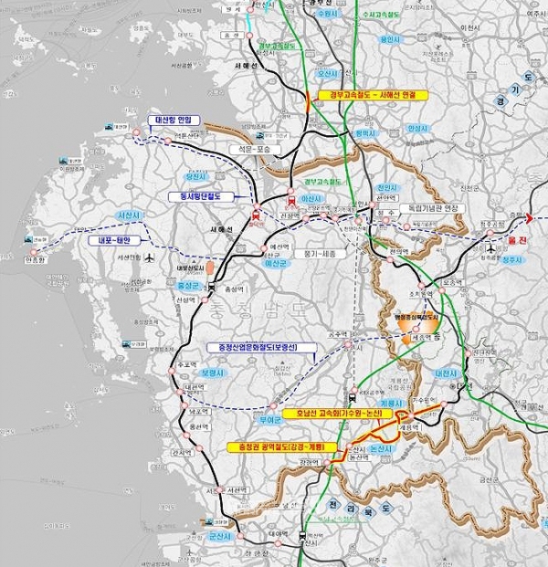 충남도가 1순위로 둔 것은 중부권 동서횡단철도와 충청산업문화철도가 아닌 서해선~경부고속철도(KTX) 직결이었다는 의미로 해석되는 대목이다. (충남도 제공)
