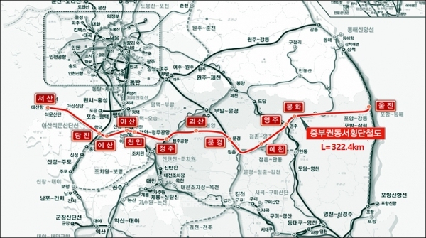 이 사업은 충남 서산(대산)에서 시작해 당진과 예산, 아산, 천안을 거쳐 충북 청주와 괴산, 경북 문경, 예천, 영주, 봉화를 거쳐 울진까지 총 연장 322.4km 구간을 연결하는 초대형 프로젝트다. (충남도 제공)