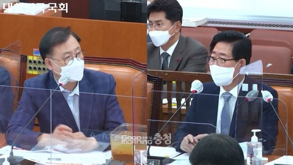 국민의힘 이명수 국회의원(아산갑)과 더불어민주당 소속 양승조 충남지사가 민선7기 도정의 핵심 가치인 저출산·고령화·사회양극화 해소 정책을 놓고 시각차를 드러냈다. (국회 인터넷생중계 화면 캡쳐/ 굿모닝충청=김갑수 기자)