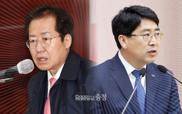 국민의힘 대선주자인 홍문표 후보가 서산공항에 대해 사실상 반대 의사를 밝혀 논란이 예상된다. 맹정호 서산시장은 “이 무슨 망발이냐?”며 강력 규탄하고 나섰다. (채원상 기자 촬영 및 서산시 제공 사진 합성/ 굿모닝충청=김갑수 기자)