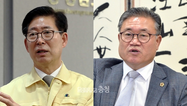 국민의힘 대선경선 주자인 홍준표 후보가 서산공항에 대해 사실상 반대 입장을 밝혔다가 재검토 쪽으로 입장을 선회한 가운데, 충남지역 정치권을 중심으로 비판의 목소리가 거세지고 있다. (자료사진 합성: 양승조 충남지사와 김명선 충남도의회 의장/ 굿모닝충청=김갑수 기자)