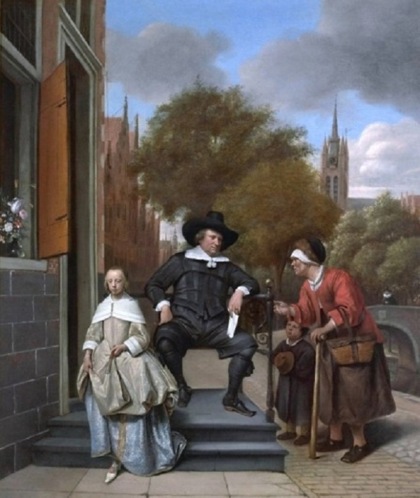 얀 스틴. 델프트 시장과 그의 딸(Adolf and Catharina Croeseron the Oude Delft. 1655. 네덜란드의 풍속화가 얀 스틴이 그린 그림에서는 빈부의 격차가 그대로 드러난다. 몸에 착 감기는 옷감에 세련된 맵시를 보이는 시장과 그의 딸. 반면 구걸하고 있는 모자의 행색에는 추레함이 묻어난다. 어머니의 구멍 난 신발이 강한 대비를 준다.
