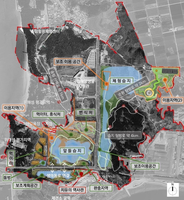사업 대상지는 서천군 장항읍 송림·화천·장암리 일원 국·공유지 110만4000㎡로, 2023년부터 2028년까지 총 사업비 1041억4000만 원(국비)을 들여 브라운필드 생태습지와 스마트 생태·역사 탐방로 조성, 근대화산업 치유의 역사관 건립, 지역해설사 육성 및 운영 등을 추진하는 것이 골자다. (충남도 제공)