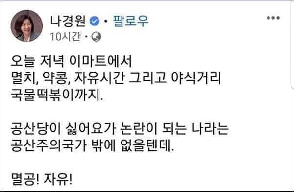 정용진 신세계그룹 부회장으로부터 시작된 '멸공 타령'이 국민의힘 윤석열 후보를 거쳐 나경원 김진태 전 의원 등에게로 일베식 캠페인으로 번지고 있어 논란이다. 사진=나경원 전 의원 인스타그램/굿모닝충청 정문영 기자〉