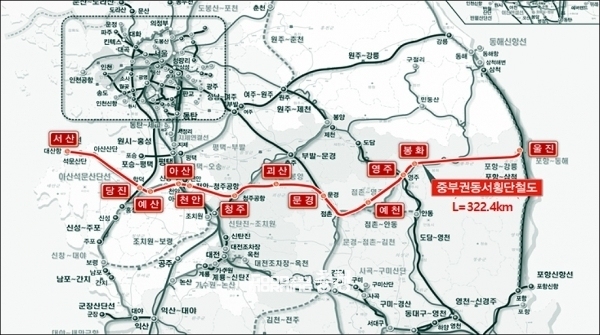 중부권 동서횡단철도 건설의 경우 충남 서산(대산)에서 출발해 당진~예산~천안을 거쳐 경북 울진까지 총연장 330km를 연결하는 것으로, 총 3조7000억 원이 소요될 것으로 전망되고 있다. (자료사진=충남도 제공/굿모닝충청 이종현 기자)
