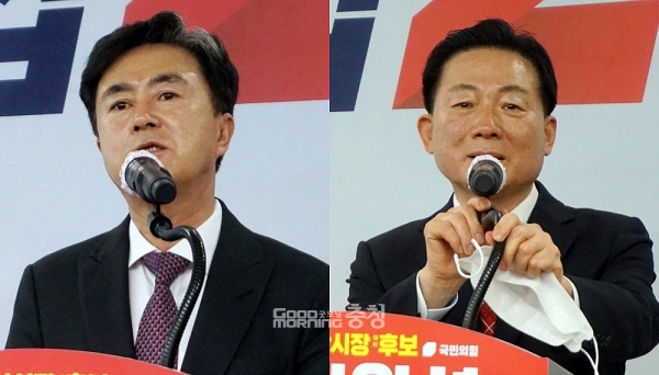 국민의힘 충남도지사 경선에서 맞붙게 된 김태흠 국회의원(보령·서천)과 박찬우 예비후보가 16일 오전 열린 이완섭 서산시장 예비후보 선거사무소 개소식에 나란히 참석, 지지를 호소하고 나섰다. (굿모닝충청=김갑수 기자)