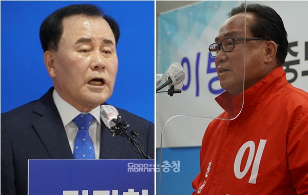 왼쪽부터 김지철 충남교육감, 이병학 예비후보. (3일 기자회견 사진 합성/굿모닝충청 이종현 기자)