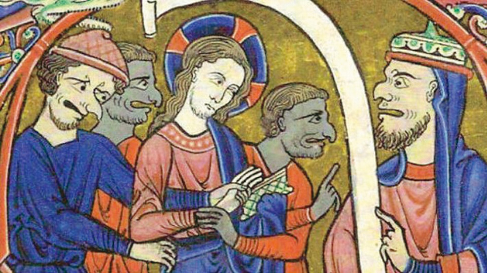 예수를 유대교 종교재판소에 넘기는 유대인들의 모습을 그린 12세기 영국의 성화. 유대인은 구부러진 코, 물갈퀴가 있는 발이 달린 존재로 그려졌고, 심지어 악마의 모습으로 형상화되기도 했다. 기독교인 상인들이 길드를 형성하면서 유대인들은 상업에 제한을 받았고, 노예를 소유해 농사를 지을 수 도 없었다. 대부업은 꼭 필요하지만 누구도 그 일을 맡으려고 하지 않았다. 유대교에서는 “이방인에게 돈을 빌려주고 이자는 받을 수 있되 너희 형제에게는 이자를 받고 돈을 빌려주어서는 안 된다.”라는 구약성경을 근거로 이방인에게는 돈을 빌려주고 이자를 받을 수 있다고 해석했다. 유대인들이 대부업에 종사하게 된 하나의 배경이다.