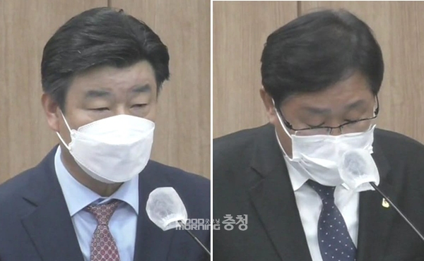 충남 홍성군이 민선8기 군정 최우선 과제로 추진 중인 ‘내포 뉴그린 국가산업단지’ 지정과 관련 기대감을 드러냈다. (왼쪽부터 김승환 경제문화농업국장, 고영대 경제과장. 사진=본회의장 중계화면 갈무리/굿모닝충청 이종현 기자)