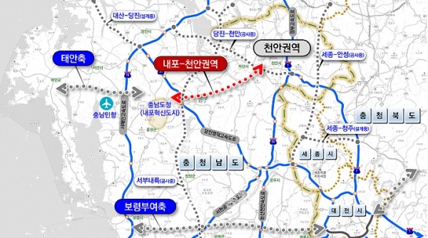 충남도는 윤석열 대통령 지역공약 중 하나인 태안~충주고속도로(167.9km, 6조1540억 원) 건설을 위해서도 내포~천안고속도로가 반드시 필요하다는 입장이다. (충남도 제공)