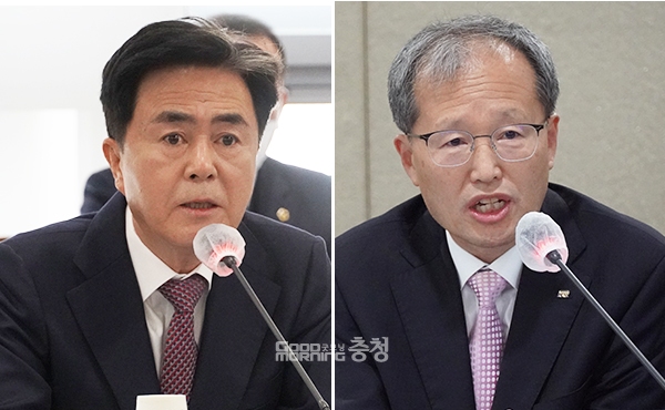 서해선 복선전철 삽교역이 당초 계획보다 앞당겨져 2025년 완공할 전망이다. (왼쪽부터 김태흠 충남지사, 김한영 국가철도공단 이사장. 사진=굿모닝충청 이종현 기자)