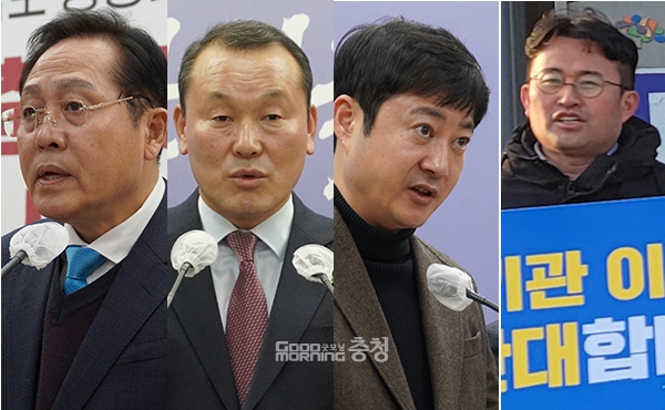 충남도가 산하 출자·출연기관(공공기관) 통·폐합해 본원을 내포신도시(홍성·예산)로 이전할 예정인 가운데, 찬반 여론전이 거세지고 있다. (왼쪽부터 찬성 측 신동현 충남중소기업연합회장, 주진하 충남도의원, 윤석지 예산군 개발위원장, 반대 측 안장헌 충남도의원. 사진=본사DB 합성/굿모닝충청 이종현 기자)