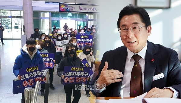 충남 아산지역 시민사회단체와 박경귀 시장 사이에 교육자유특구 지정 등을 놓고 충돌이 빚어지고 있다. (시민단체 및 아산시 제공 사진 합성/ 굿모닝충청=김갑수 기자)