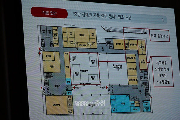 이 의원은 특히 물놀이장에 중증장애인을 위한 ‘입수용 수중 리프트’, ‘입수용 휠체어’ 등의 설치 필요성을 피력하며 “이런 장비가 없으면 센터는 보여주기식 건물이 될 것”이라고 우려했다. (사진=굿모닝충청 이종현 기자)