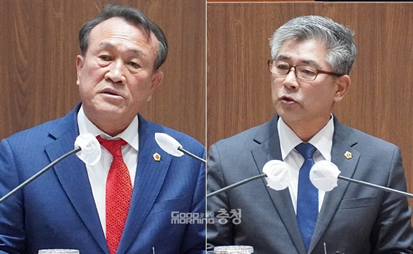 아산시를 지역구로 둔 충남도의회 국민의힘과 더불어민주당 원내대표들이 도 산하 공공기관의 내포신도시 이전을 두고 입장 차를 드러냈다. (왼쪽부터 김응규 국민의힘 원내대표, 조철기 더불어민주당 원내대표. 사진=굿모닝충청 이종현 기자)