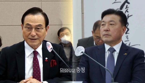 충남 수부도시 수장인 박상돈 천안시장이 예산군에 대해 부럽다는 표현을 써 눈길을 끌고 있다.  (왼쪽부터 박상돈 천안시장과 최재구 예산군수/ 굿모닝충청=김갑수 기자)