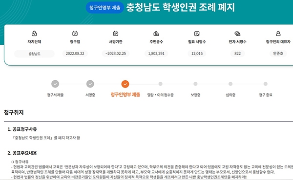 주민 발의로 청구된 충남 인권 기본조례와 학생인권조례 폐지 조례안에 대한 서명이 마감된 가운데, 조례 청구에 필요한 서명 주민 수가 목표치를 넘긴 것으로 27일 전해졌다. (사진=온라인 서명 누리집 갈무리/굿모닝충청 이종현 기자)