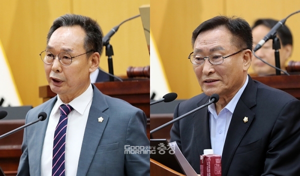 충남 서산시의회(의장 김맹호)의 집안 싸움이 목불인경(目不忍見)의 상황으로 치닫고 있다. (서산시의회 제공: 7일 본회의장에서 신상발언에 나선 이수의 부의장과 강문수 의원/ 굿모닝충청=김갑수 기자)