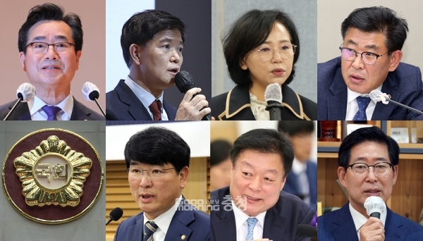 1년 앞으로 다가온 충남 천안을 제22대 국회의원 선거가 벌써부터 뜨겁게 달아오르고 있다. 현직 장관에서 전직 도지사까지 거물급 인사들의 출마 가능성이 점쳐지고 있기 때문이다. (자료사진 합성: 왼쪽 윗줄부터 시계방향으로 정황근 장관, 이정만 위원장, 김연 전 충남도의원, 오인철 충남도의원, 양승조 전 지사, 이규희 전 국회의원, 박완주 국회의원/ 굿모닝충청=김갑수 기자)