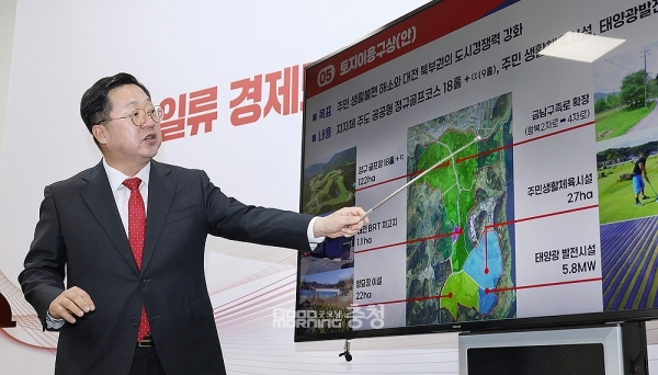 대전시가 환경시설 밀집으로 막대한 주민 불편을 초래하고 있는 유성구 금고동 일원에 '친환경 골프장'을 조성한다. (대전시 제공: 브리핑을 진행 중인 이장우 시장/ 굿모닝충청=신성재 기자)