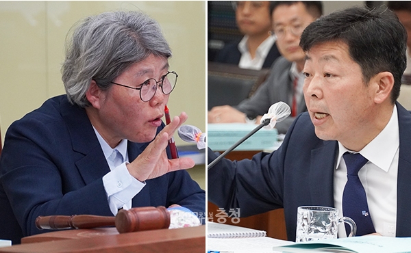 김태흠 충남지사의 민선8기 교육분야 공약인 ‘주요 교과목 인터넷 강의 수강권 지원’이 충남도의회에서 도마 위에 올랐다. (김명숙 충남도의원, 박정주 충남도 기획조정실장. 사진=굿모닝충청 이종현 기자)