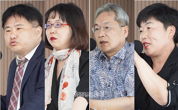 충남학생인권조례 이대로 괜찮은가 의정토론회 토론자들. (왼쪽부터 울산교원단체총연합회 신영철 연구자문위원, 한국가족보건협회 김지연 대표, 전북교육청 염규홍 인권보호관, 홍동중 박신자 교장. 사진=굿모닝충청 이종현 기자)