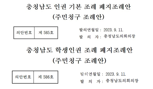 충남 인권기본조례와 학생인권조례 폐지안이 충남도의회에 발의된 것으로 12일 확인됐다. (사진=충남도의회 누리집 갈무리/굿모닝충청=이종현 기자)