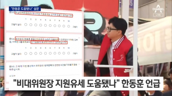 4일 국민의힘이 총선 백서를 제작하면서 한동훈 저격성 설문조사를 실시해 논란이 되고 있다.(출처 : 채널A 뉴스 영상 갈무리/굿모닝충청 조하준 기자)
