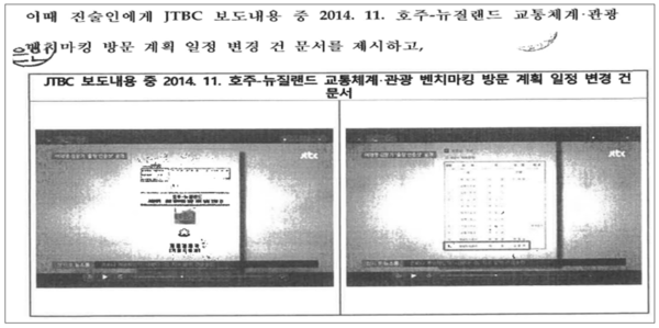 검찰이 최모 전 성남시 기업지원과장을 신문하며 제시한 자료. 화면이 흐릿하지만 왼쪽 하단에 결재도장 흔적이 있는 것으로 보아 왼쪽 화면은 2014년 12월 2일 이재명 대표가 결재한 문서로 보인다. 하지만 검찰은 오른쪽에 김문기가 표시된 2014년 12월 24일자 문서를 제시해 마치 이 대표가 결재한 것처럼 짜깁기했다.(출처 : 시민언론 민들레)