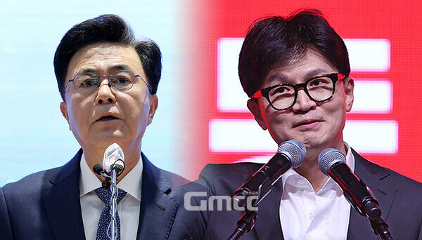 김태흠 충남지사가 국민의힘 당권주자인 한동훈 후보를 재차 겨냥하고 나섰다. 전날 CBS 라디오 토론회를 통해 나경원 후보가 한 후보 본인의 법무부 장관 재임 시절 패스트트랙 사건에 대한 공소 취소를 부탁했다는 사실을 폭로한 것을 강도 높게 비판한 것이다. (충남도 제공 및 국민의힘 홈페이지 자료사진 합성/ 굿모닝충청=김갑수 기자)