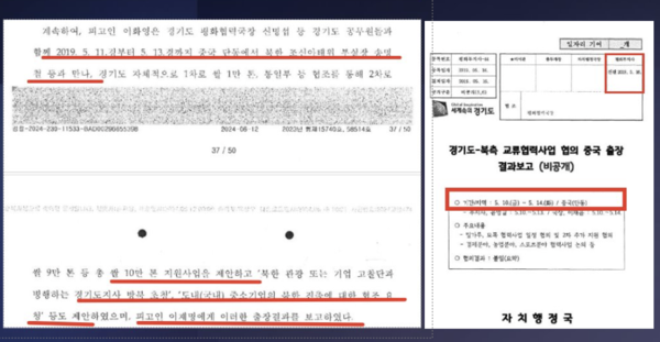 검찰은 이 전 대표 공소장에 “'10만톤 쌀 지원 제안, 경기도지사 방북 초청' 내용의 경기도 출장 공문이 이재명 당시 경기도지사에게 보고됐다”고 주장했지만 (좌), 해당 공문은 이화영 전 부지사가 처리한 문건으로 확인됐다.(우)(사진 출처 : 리포액트)