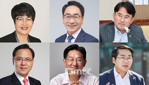 대법원이 8일 공직선거법 위반 혐의로 기소된 국민의힘 소속 박경귀 아산시장의 상고를 기각하고 원심인 벌금 1500만 원의 당선무효형을 확정한 가운데, 내년 4월에 치러지는 재선거에 누가 도전할지 관심이 쏠리고 있다. (페이스북 등 자료사진 합성: 왼쪽 윗줄부터 시계방향으로 김희영 아산시의원, 김영권 전 충남도의원, 안장헌 충남도의원, 오세현 전 아산시장, 전만권 전 천안시 부시장, 이명수 전 국회의원/ 굿모닝충청=박종혁 기자)