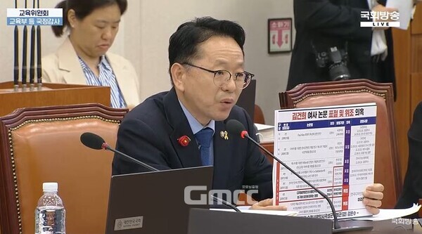 김문수 의원(전남 순천·광양·곡성·구례(갑), 더불어민주당)은 8일 한양대 설립자 부인이 자택경비원, 개인차량 운전기사, 가사도우미 인건비를 부속병원회계와 법인회계에서 지출했다는 정황을 서면으로 확인됐다고 밝혔다. (교육부 국정감사 방송 화면 캡처)