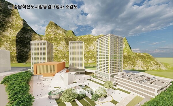 공공기관 및 종사자의 안착을 위해 내포신도시 예산군 권역인 삽교읍 목리 RM-1 부지에 20층 규모의 합동임대청사 건립에도 나서고 있다. (조감도=예산군 제공/굿모닝충청=이종현 기자)