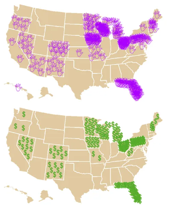 미국 대선 당시 후보들의 방문 횟수와 TV 선거 광고 비용을 표시한 지도. 빽빽하게 표시된 곳이 바로 미국 대선에서 '경합주'로 불리는 곳이다. 다만 플로리다와 오하이오는 최근 들어 보수화가 진행되며 2번 연속 공화당의 도널드 트럼프가 승리를 거두어 '경합주'의 의미가 퇴색하고 있다.(이미지 출처 : 인터넷 커뮤니티)