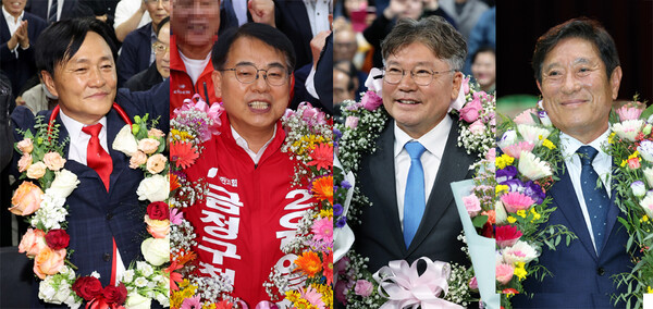 10·16 재보궐선거 당선자들. 왼쪽부터 국민의힘 박용철 후보(인천 강화), 국민의힘 윤일현 후보(부산 금정), 더불어민주당 장세일 후보(전남 영광), 더불어민주당 조상래 후보(전남 곡성) / 사진=연합뉴스