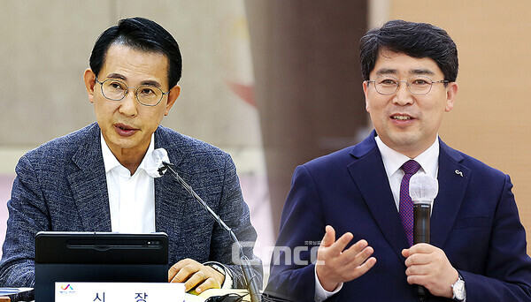 서산 예천지구 공영주차장 조성사업(초록광장)을 놓고 전·현직 서산시장 간 격한 장외 신경전이 이어지고 있다. (서산시 제공 자료사진 합성: 왼쪽부터 이완섭 시장, 맹정호 전 시장/ 굿모닝충청=김갑수 기자)