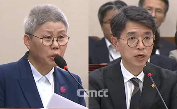 24일 국회 환경노동위원회(위원장 안호영)에서 진행된 환경부 종합 국정감사에서는 뜨거운 감자인 충남 청양군 지천댐 건설 문제가 도마 위에 올랐다. (왼쪽부터 김명숙 지천생태모임 대표, 김완섭 환경부 장관. 사진=중계화면 합성/굿모닝충청=이종현 기자)