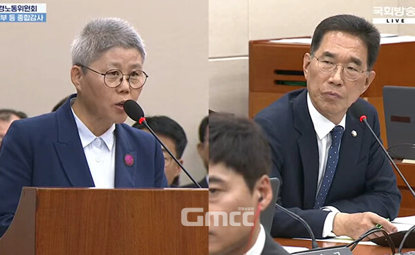 이에 앞서 김 대표는 “환경부가 왜 지천댐 건설을 강행하려 한다고 생각하냐”는 김주영 의원 질의에 “그 이유는 모르겠다. 반대 대책위는 80여 개 단체가 참여하고 있다. 그러나 소통은 한 번도 없었다”며 “이 댐은 청양과 부여에 필요하지 않다. 인구 3만 명이 사는 청양에 하루 38만 명이 물을 먹을 수 있는 댐을 만들려 하기 때문”이라고 답했다. (왼쪽부터 김명숙 지천생태모임 대표, 김주영 국회의원. 사진=중계화면 갈무리/굿모닝충청=이종현 기자)