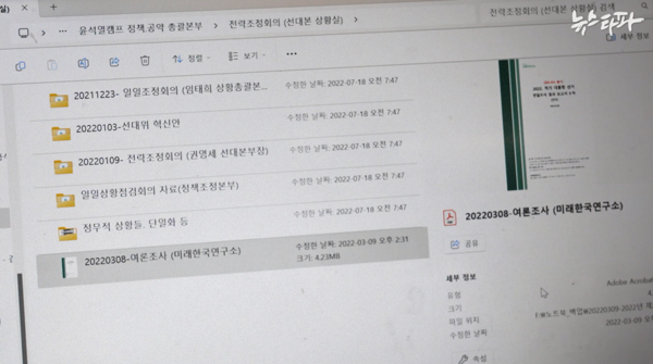 신용한 씨의 외장하드에 담긴 2022년 3월 8일자 미래한국연구소 여론조사 보고서(명태균 보고서) 파일. 여론조사 이튿날인 대선 당일, 핵심 참모진들에게 공유됐다. 신 씨가 외장하드에 이 파일을 받은 뒤 저장한 날짜가 2022년 3월 9일로 확인된다.(사진 출처 : 뉴스타파)