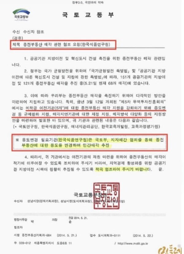 2014년 5월 21일 국토부가 성남시에 보낸 공문. '민간매각 추진'을 압박한 정황이 있다. 2024.11.18 워치독