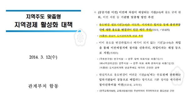 2014년 3월 12일 지역발전연석회의 자료. 식품연구원 부지 변경 추진, 부동산 민간매각 추진 등이 명시돼 있다. 2024. 11. 18 탐사보도그룹 워치독