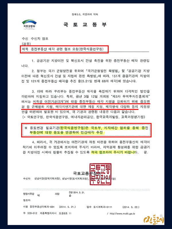 2014년 5월 21일 국토부가 성남시에 보낸 공문. '민간매각 추진'을 압박한 정황이 있다. 2024. 11. 18 탐사보도그룹 워치독