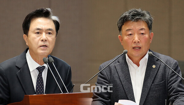 김태흠 충남지사는 27일, 대전시와의 행정통합과 관련 “의회가 주도해야 한다”고 말했다. (충남도의회 제공 사진 등 합성: 왼쪽부터 김태흠 지사와 오인환 충남도의원/ 굿모닝충청=김갑수 기자)