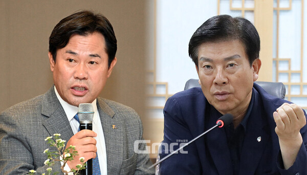 오는 27일 오전 충남도청 대회의실에서 열리는 지방정부회의에서는 대전시와의 행정통합 추진에 대한 찬반 논란이 있을 것으로 조심스럽게 점쳐지고 있다. (부여군과 금산군 제공 자료사진 합성: 왼쪽부터 박정현 부여군수와 박범인 금산군수/ 굿모닝충청=김갑수 기자)