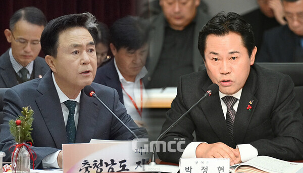 김태흠 충남지사와 박정현 부여군수가 대전시와의 행정통합에 대해 뚜렷한 시각차를 드러냈다. 김 지사는 미래를 준비하기 위해서라도 행정통합이 필요하다고 강조한 반면 박 군수는 찬반을 떠나 충청지역당 만들기로 비칠 수 있다며 우려의 목소리를 낸 것. (부여군 제공 및 굿모닝충청 이종현 기자 촬영 사진 합성)